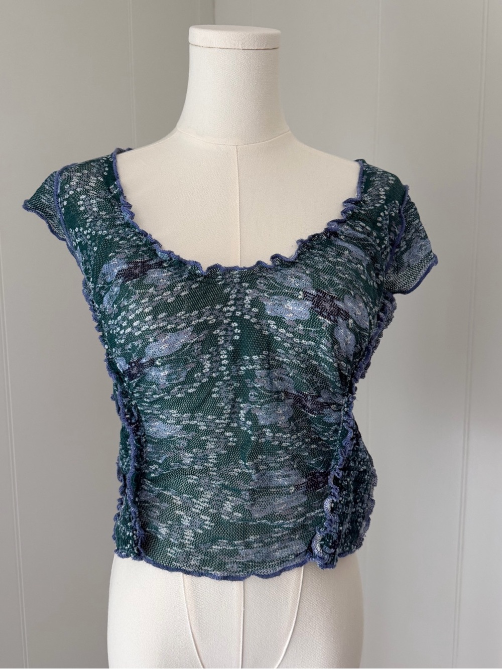 Free People Green Floral Knit Top with Blue Trim